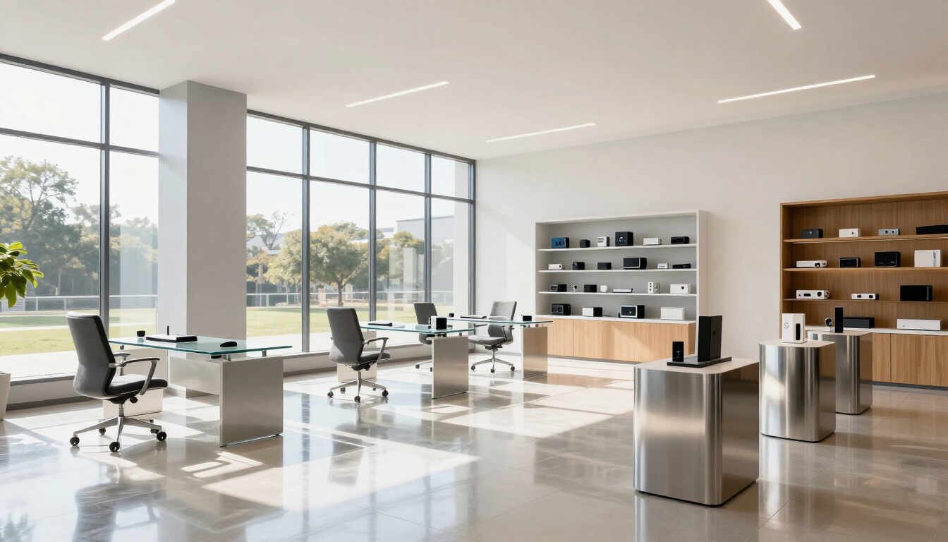 Bright modern office with glass walls, desks, chairs, and shelving in a minimalist open workspace.