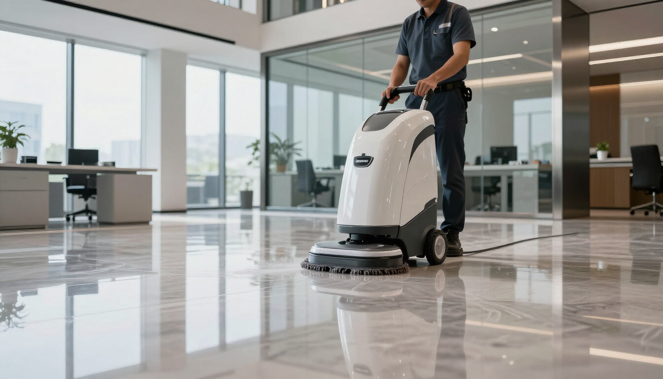 Person operating a floor-cleaning machine in a bright office lobby with large windows
