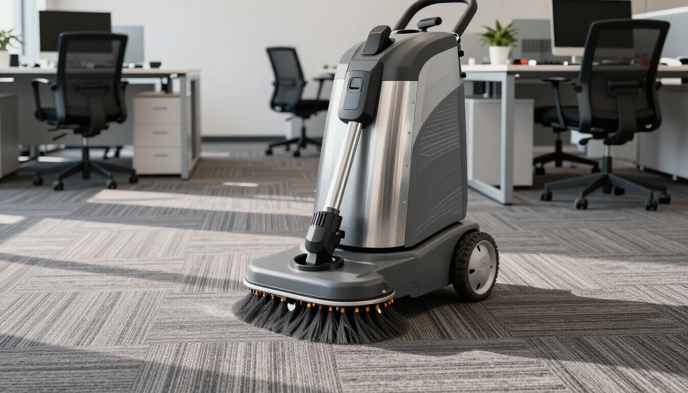 Robot floor scrubber cleaning an office carpet in a modern workspace