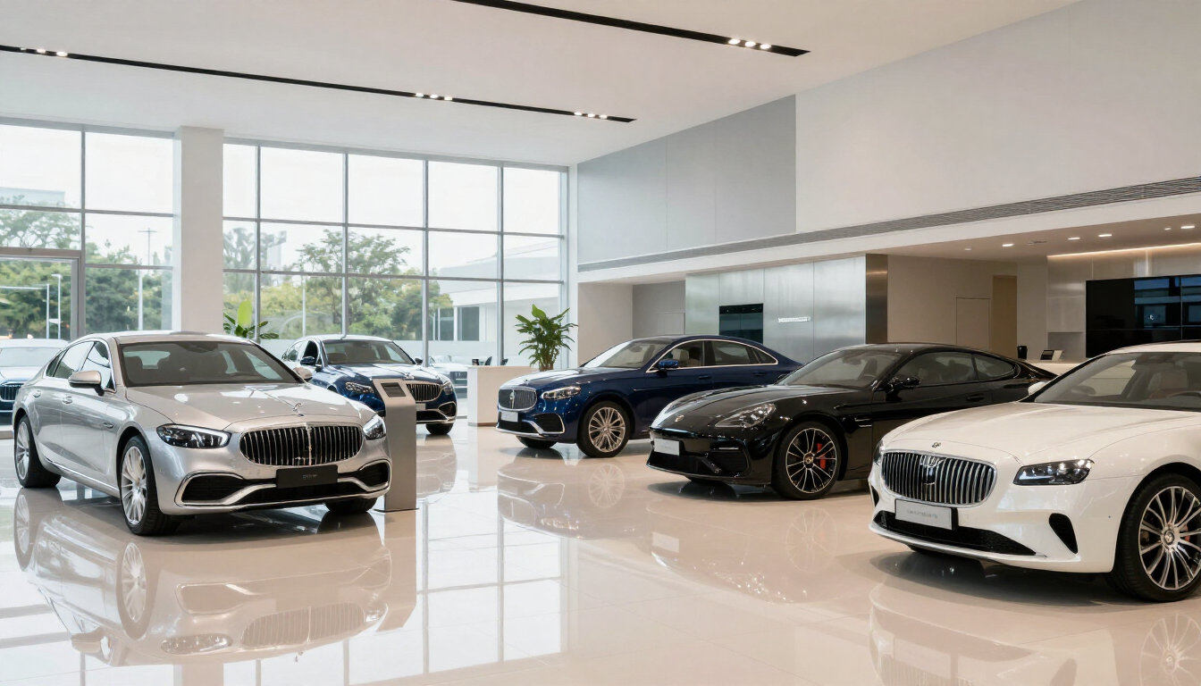 Luxury cars displayed in a bright showroom with large windows and polished floors