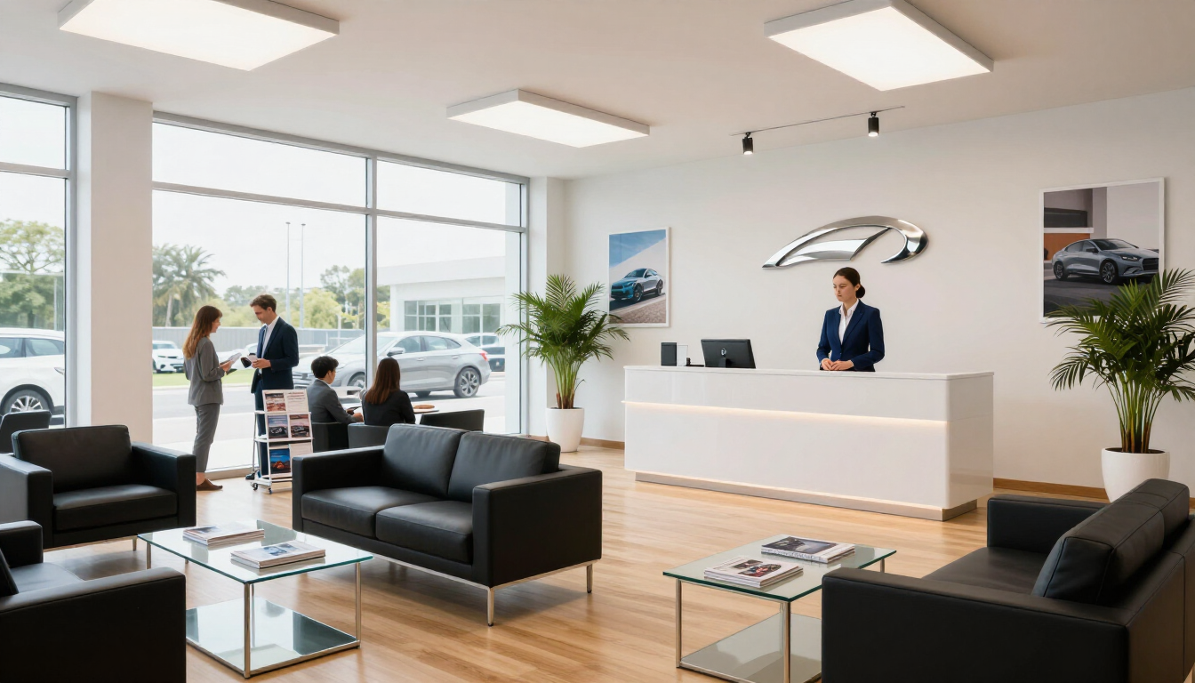 Bright modern office lobby with black sofas, glass tables, a reception desk, and people near large windows.