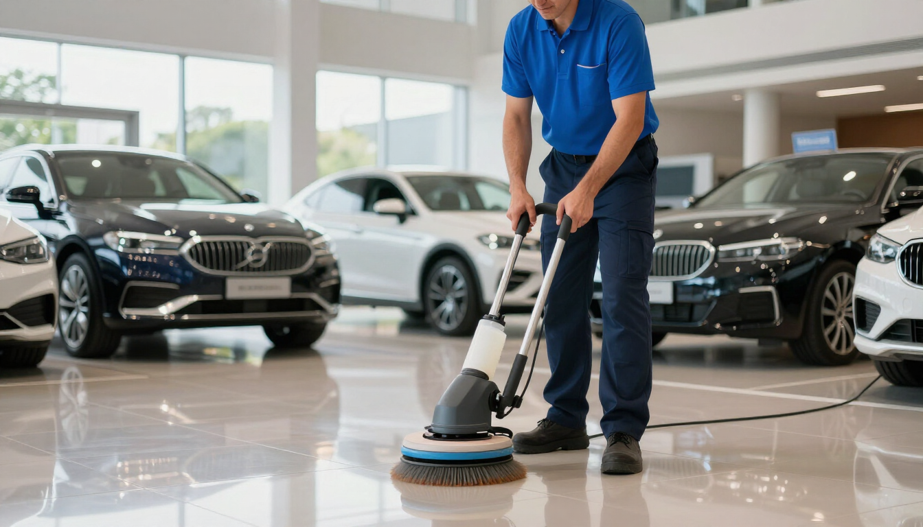 Worker cleaning a car showroom floor with a polishing machine, cars parked in the background
