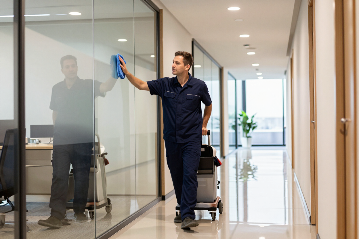Man in dark work uniform cleaning a glass office wall with a blue cloth in a bright hallway
