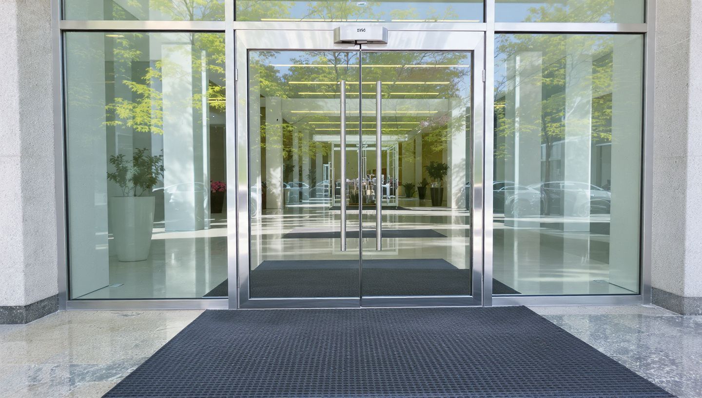Glass office building entrance with sliding doors and a black floor mat.