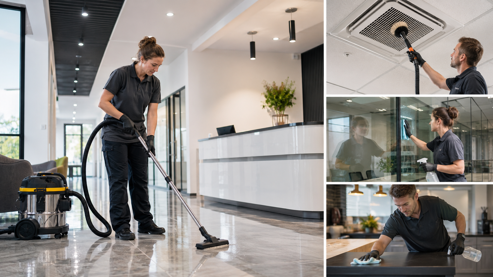 Cleaner vacuuming shiny office floor beside collage of cleaning tasks