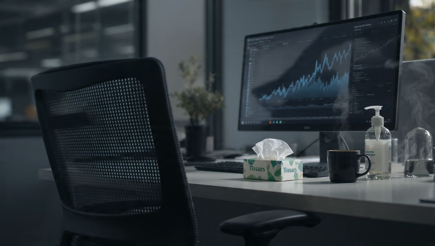Empty office desk with computer monitor, mesh chair, coffee mug, tissue box, and water bottle