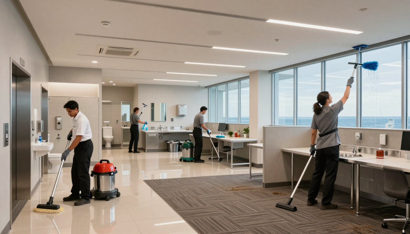 Office workers cleaning a bright modern office, with mops, vacuum, and desks near large windows