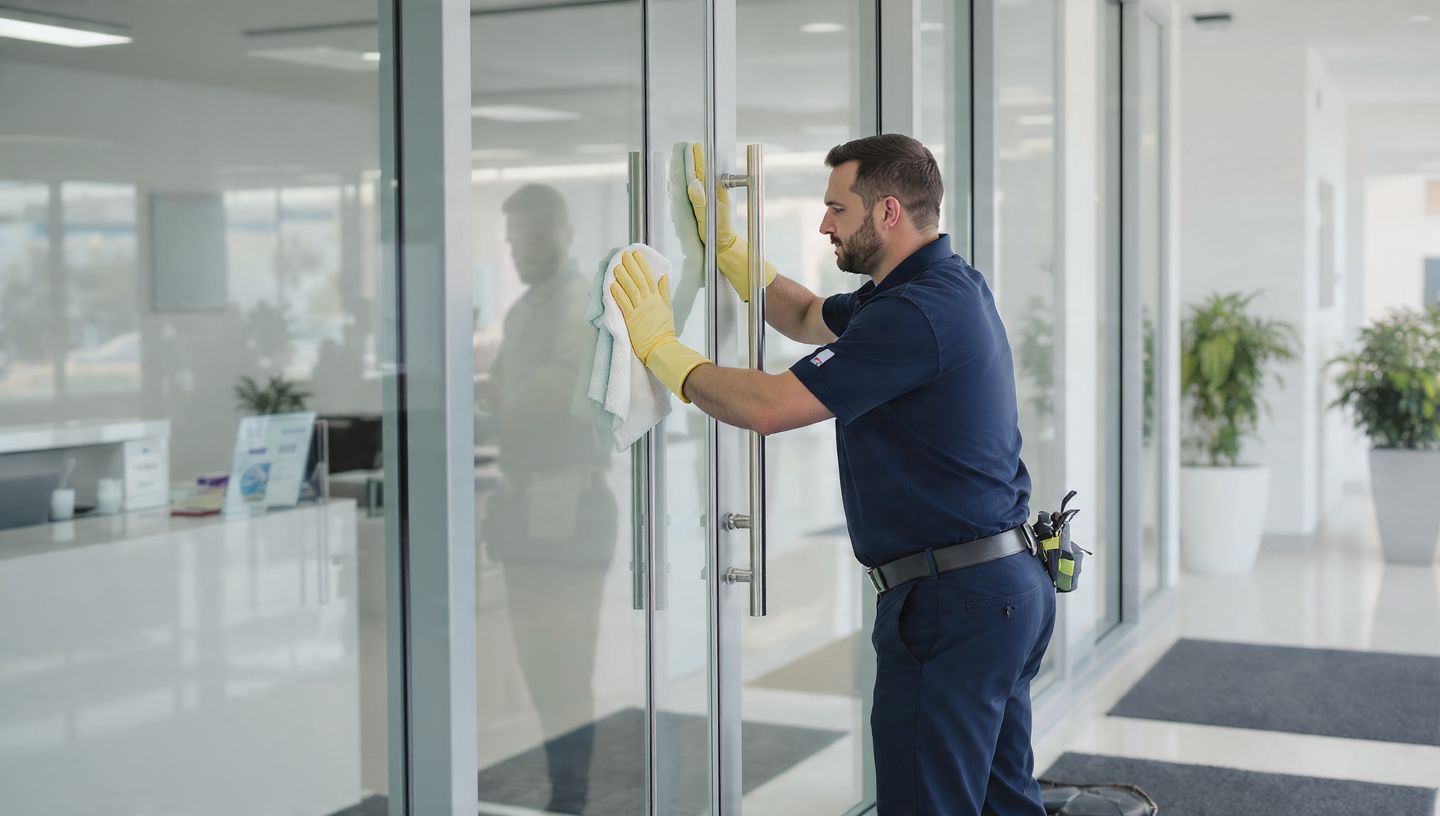 Janitor cleaning glass office doors with yellow cloth in a bright lobby