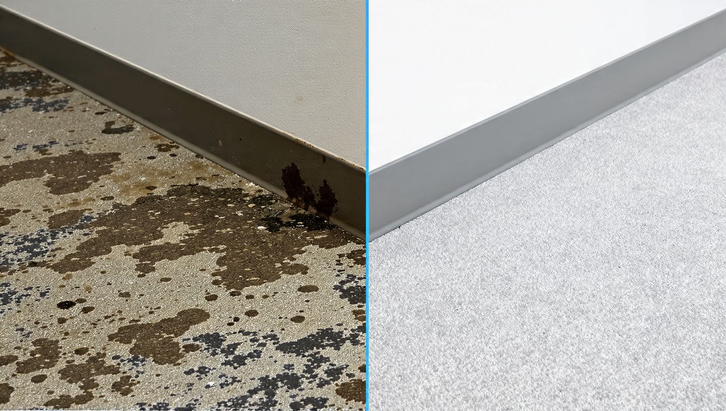 Before-and-after of a floor edge: dirty, stained carpet beside a clean gray baseboard and white carpet.