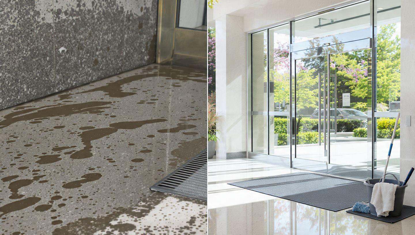 Flooded indoor lobby with wet floor, glass doors, and mop bucket near the entrance