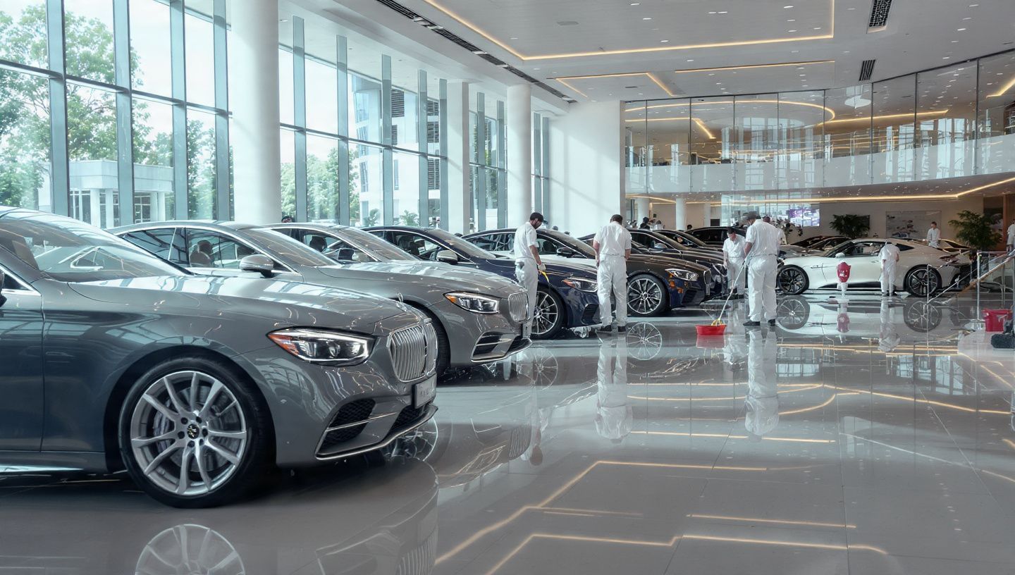 Luxury cars on display in a bright, modern showroom with polished floors and large windows