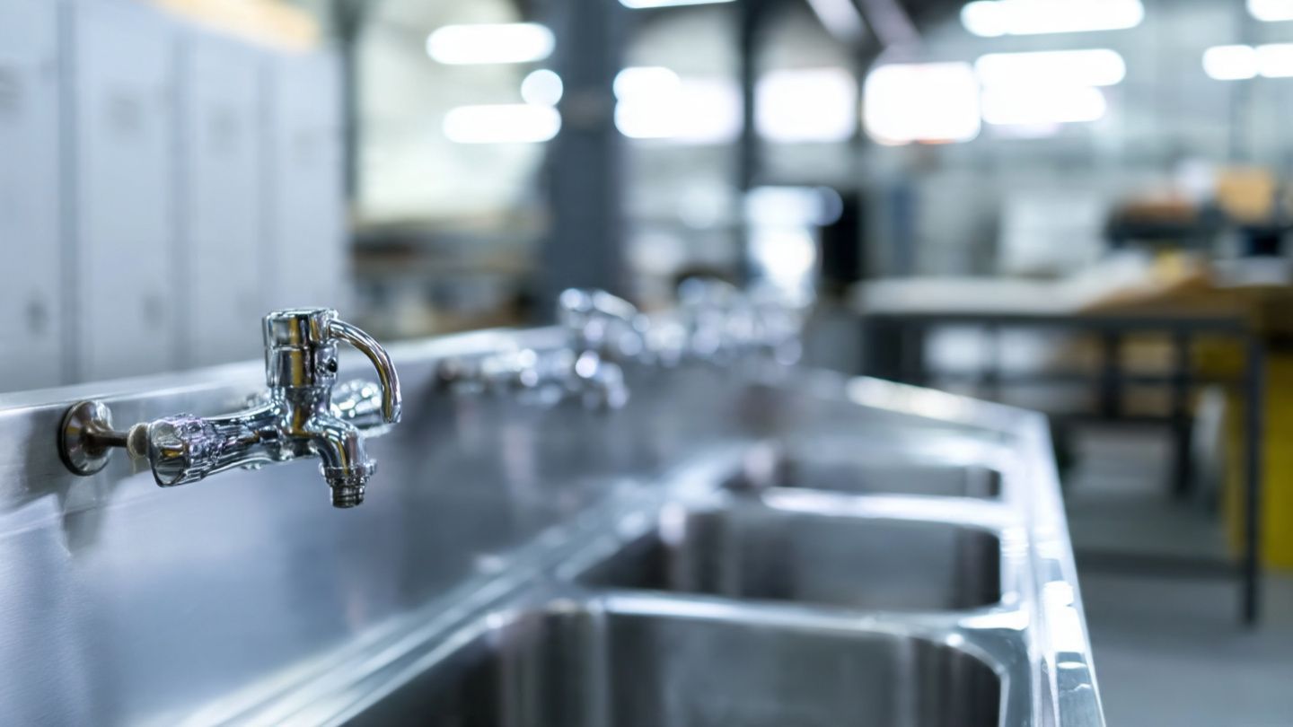 Row of stainless steel kitchen sinks with faucets in a commercial kitchen
