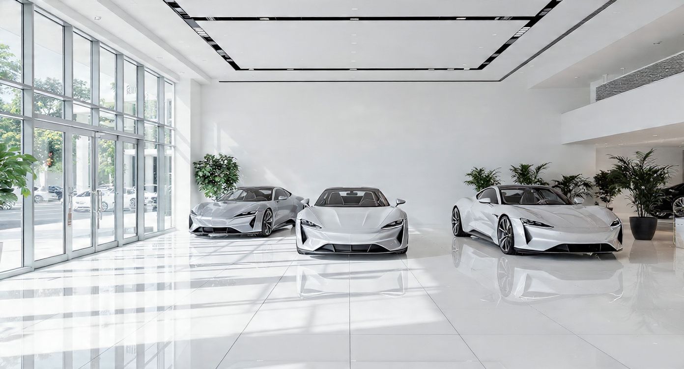 Modern white car showroom with three cars on a glossy floor and large windows.