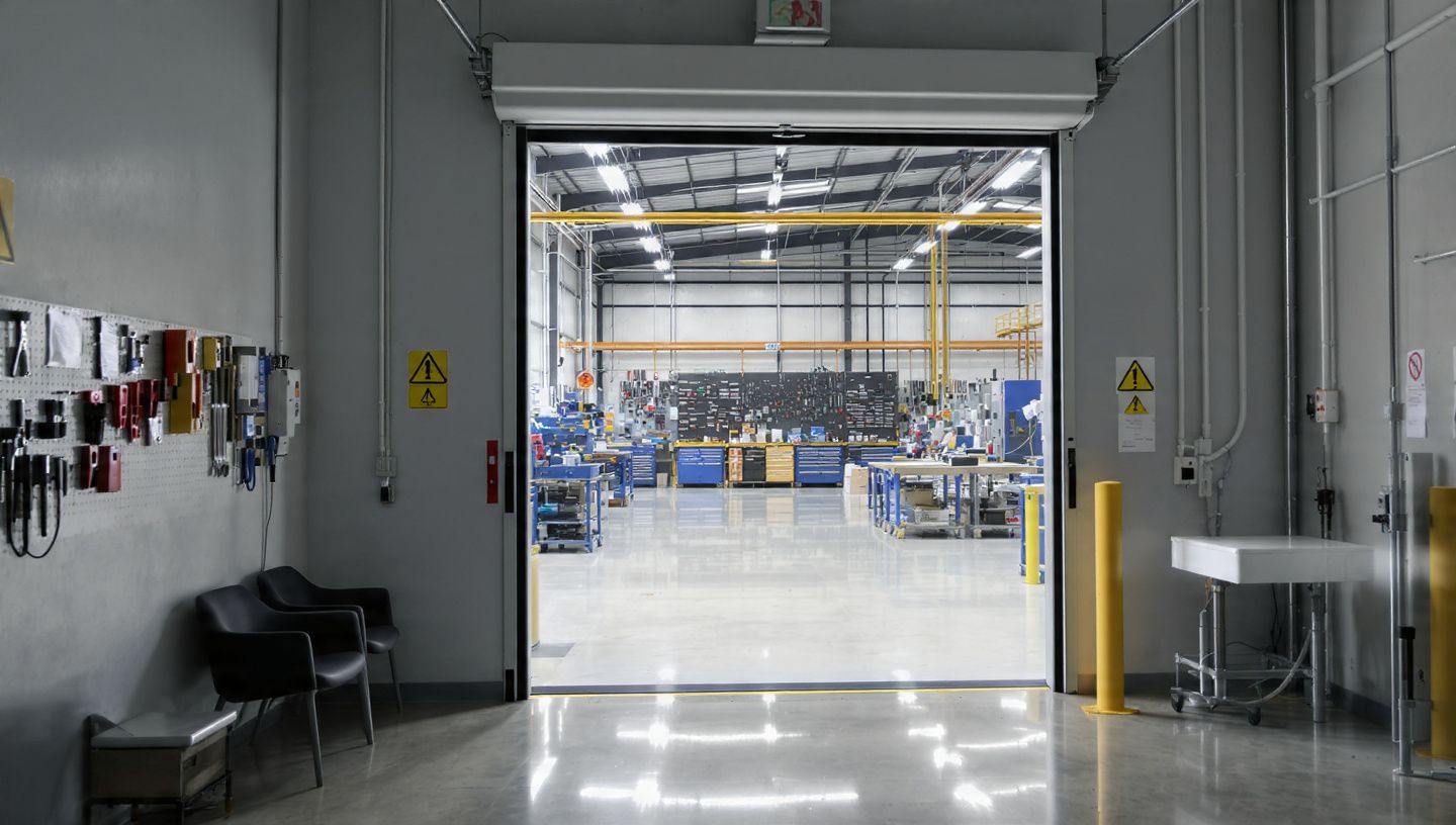 Industrial warehouse doorway with polished floor, safety signs, and visible factory equipment inside.