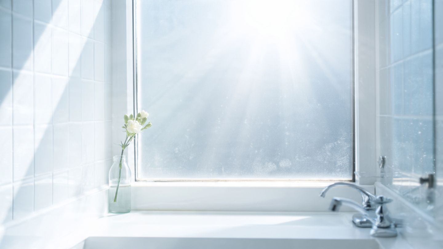 Bright bathroom with a frosted window, a white tub, chrome faucet, and a small flower vase on the sill