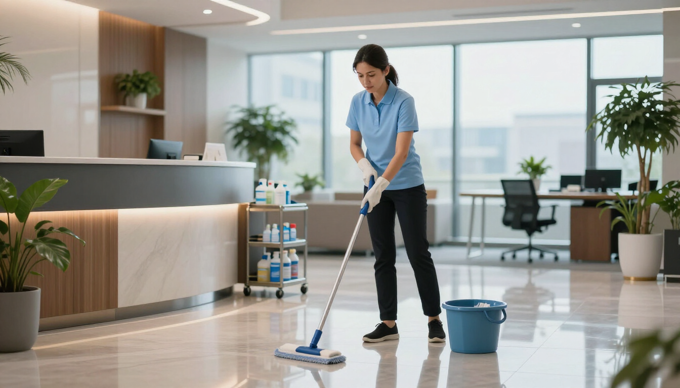 Person mopping a bright office lobby floor beside a blue bucket and reception desk