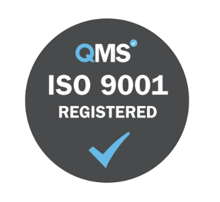 A logo that says qms iso 9001 registered