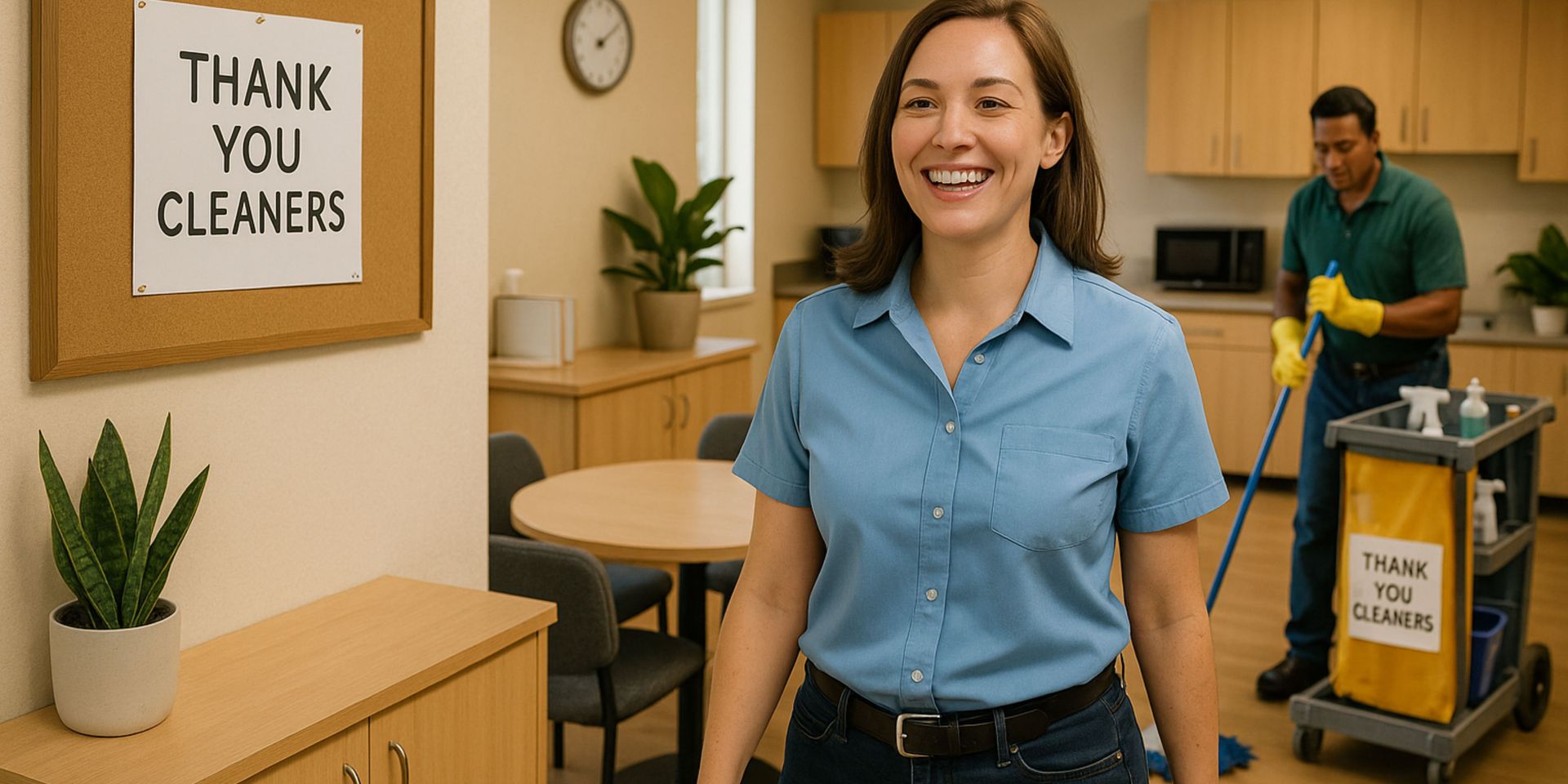 A woman is standing in front of a sign that says thank you cleaners.