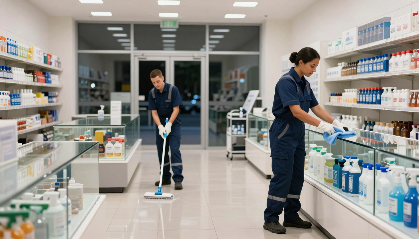 Two workers cleaning and stocking shelves in a bright pharmacy aisle