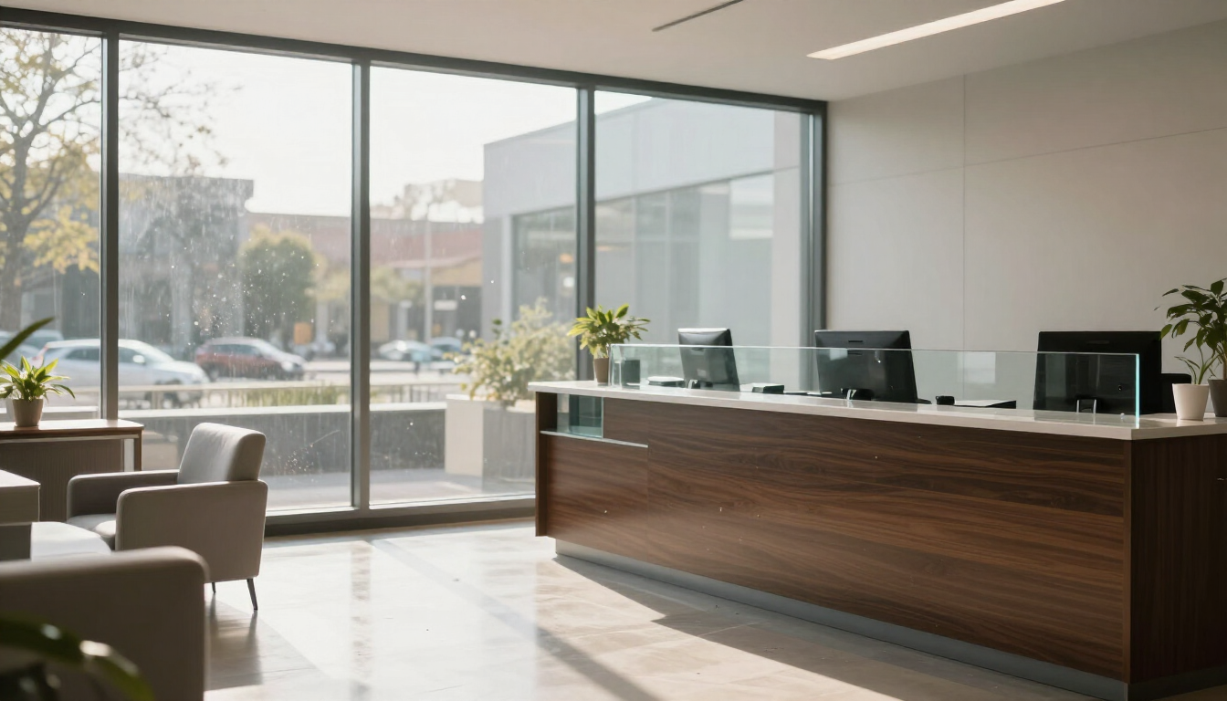 Bright modern office lobby with a wooden reception desk and large glass windows overlooking a courtyard