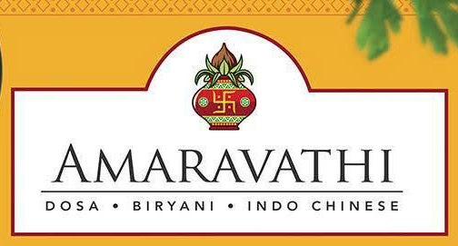 Amaravathi restaurant logo: red and gold pot with swastika symbol, text 