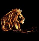 A golden, regal lion with a flowing mane wears a crown against a solid black background.