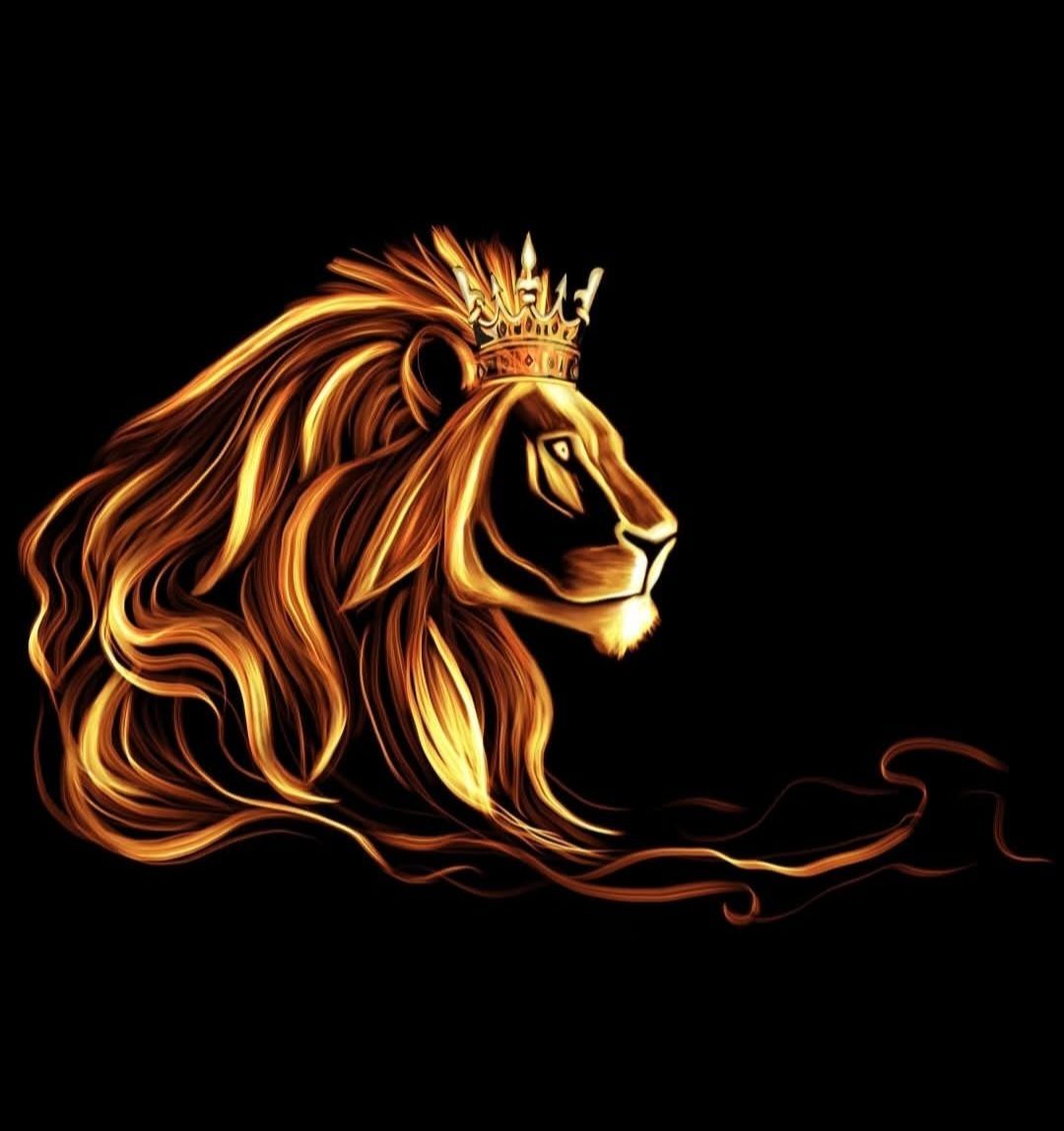 A golden, regal lion with a flowing mane wears a crown against a solid black background.