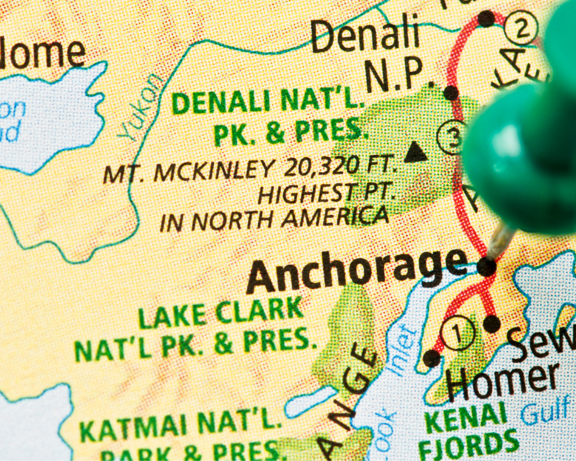 Map of Alaska highlighting Anchorage and Denali National Park, with a green pin.