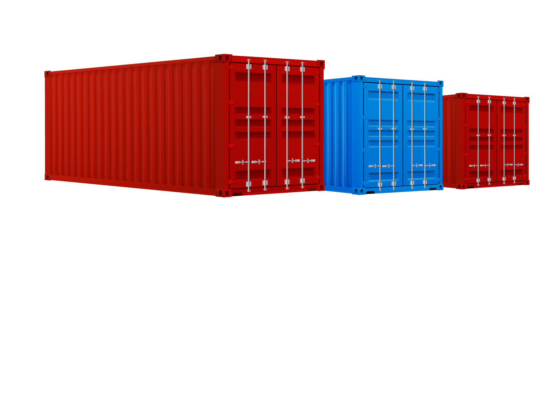 Three shipping containers of varying lengths and sizes, colored red, blue, and red, arranged in a row against a white background.