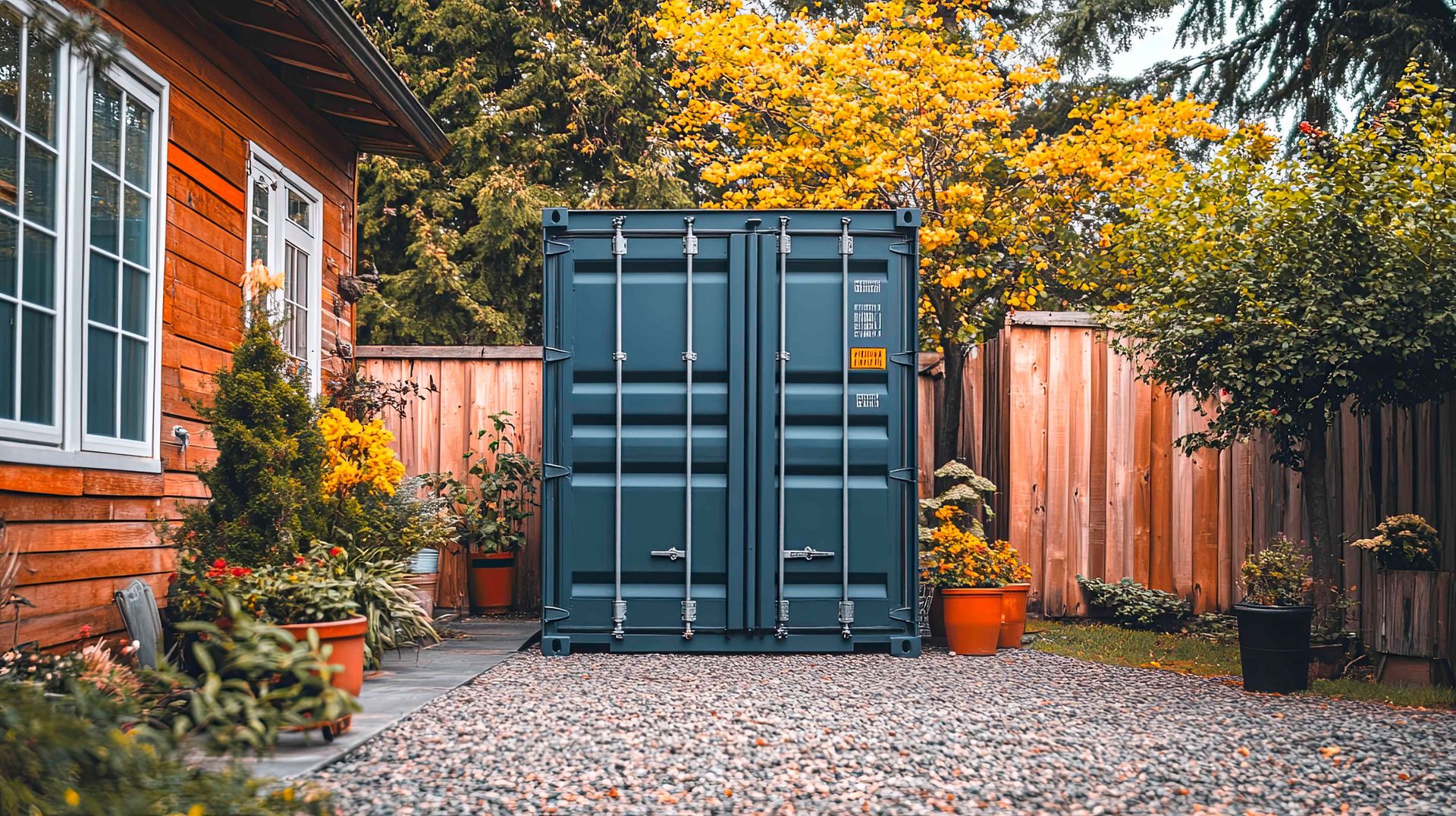 A dark blue shipping container sits on a gravel driveway in a backyard next to a wood-sided house and garden fence.