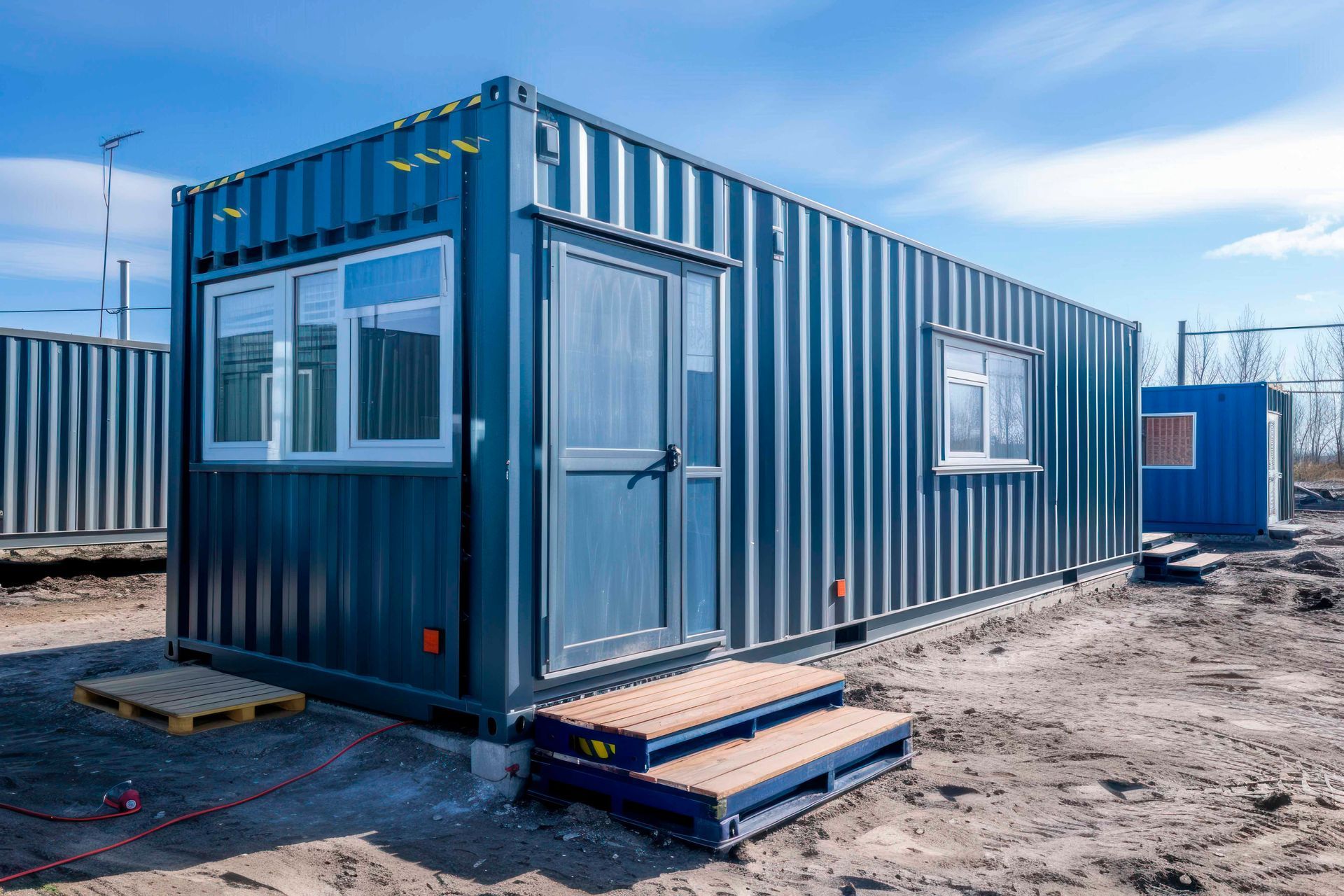 A dark blue shipping container office with a door, windows, and small wooden steps, set on a dirt lot under a blue sky.