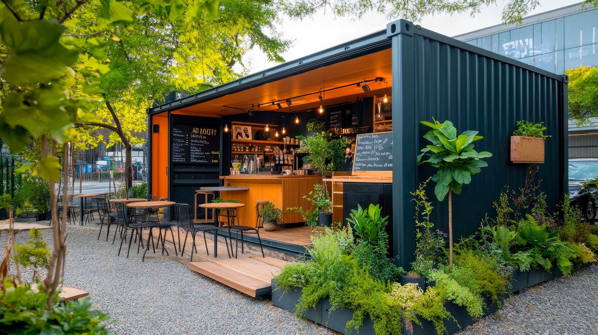 An outdoor cafe built from a dark shipping container, featuring an open-air service area, wood interior, and lush plants.