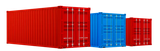 Three shipping containers standing in a row: one large red, one medium blue, and one small red.