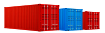 Three shipping containers standing in a row: one large red, one medium blue, and one small red.