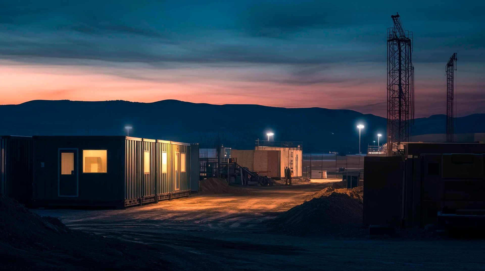 A construction or oil field site at twilight, with lit modular trailers, dark mountains in the distance, and tall rigs.