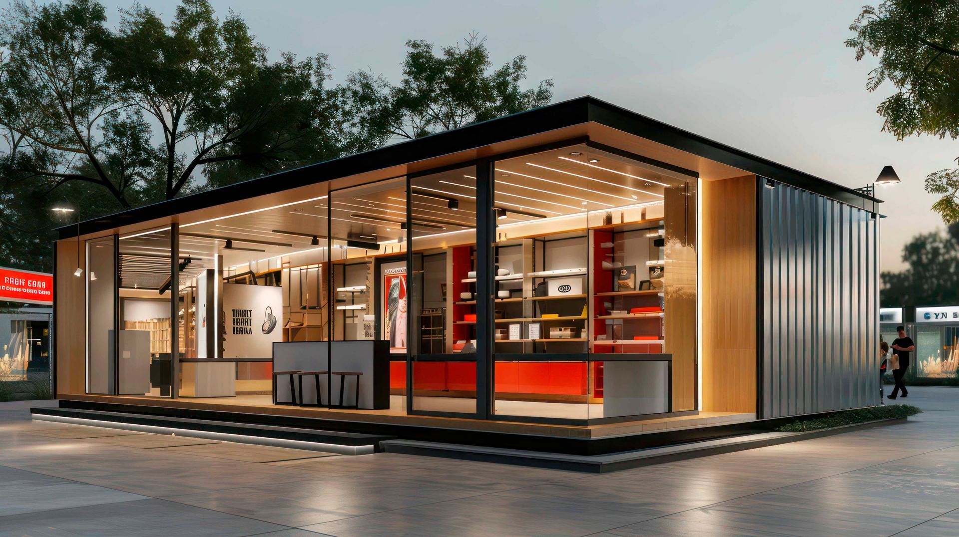 A modern, rectangular retail kiosk with floor-to-ceiling glass walls, interior shelving, and ambient lighting.