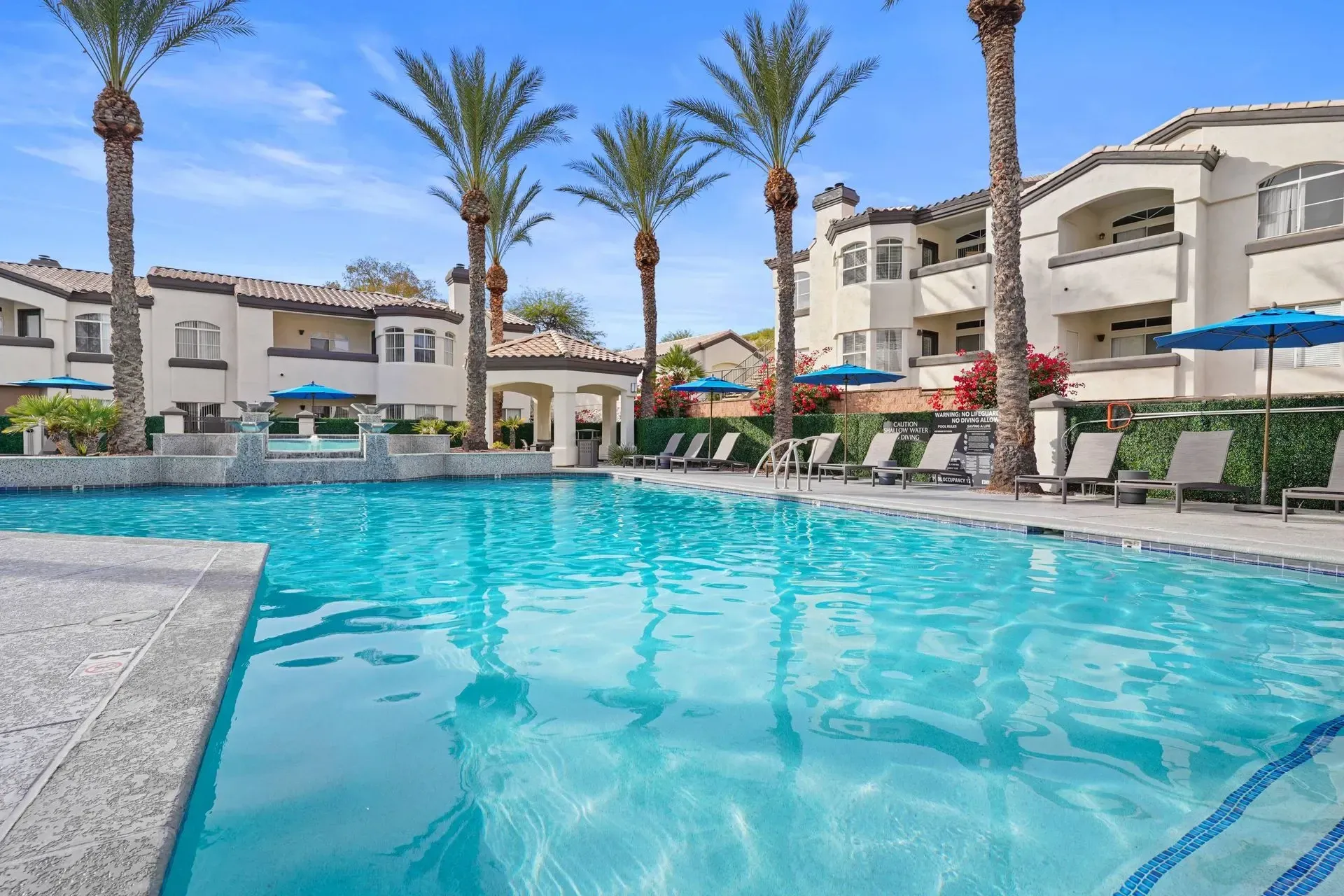 Resort-style swimming pool with lounge chairs and palm trees.