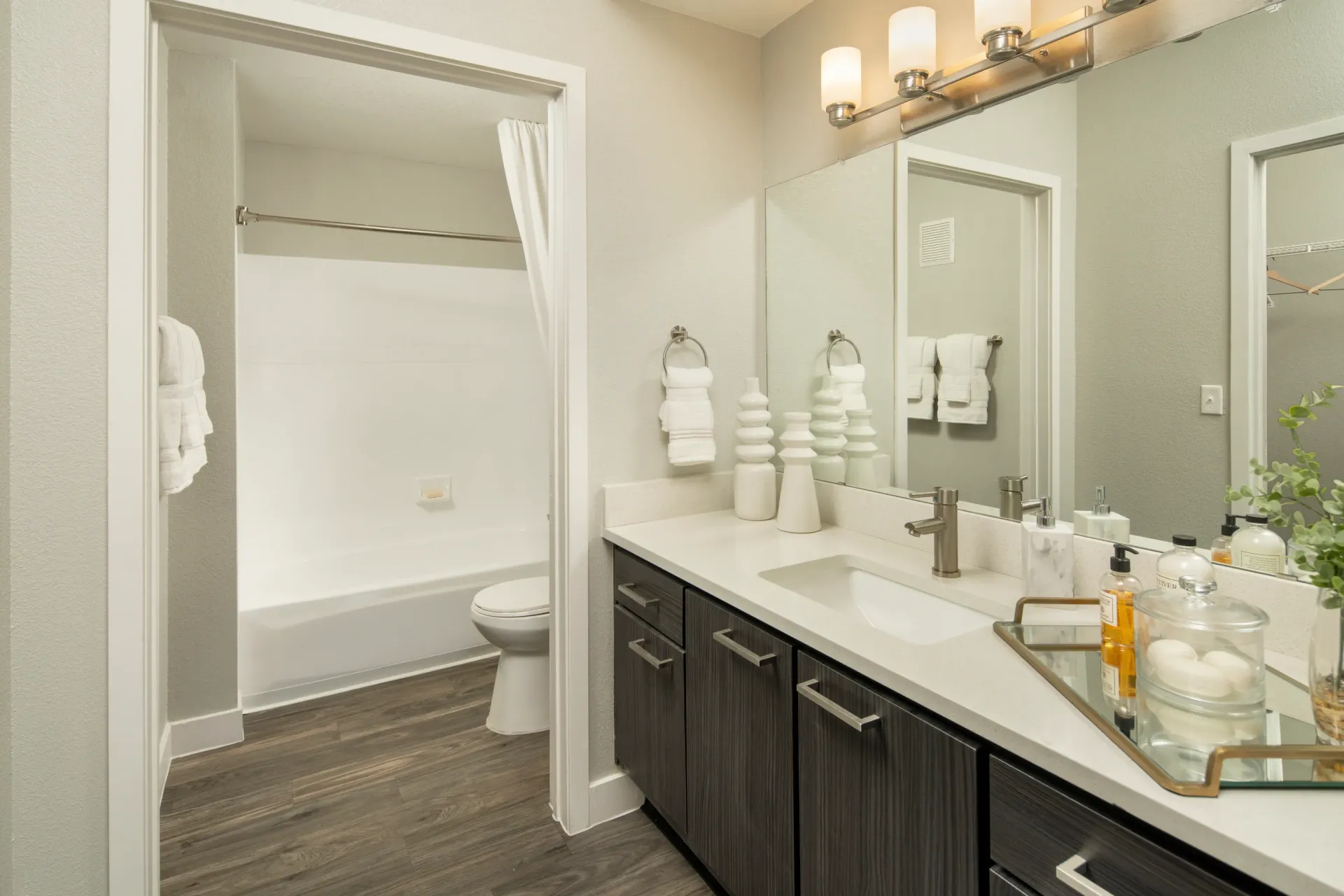 Modern bathroom with a vanity, sink, mirror, and a bathtub with a shower at Pinnacle Heights in Tucson, AZ.