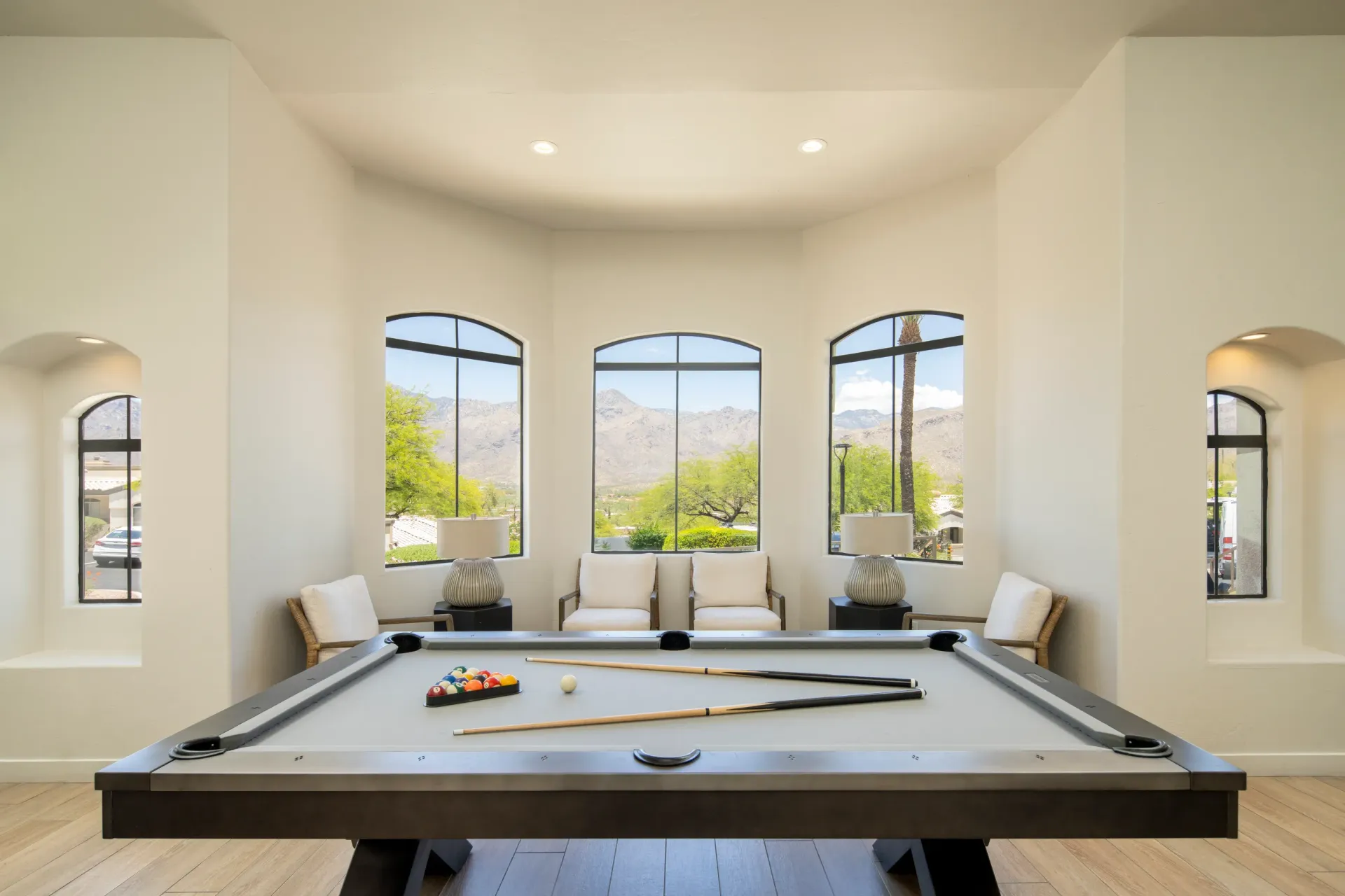 Billiard room with pool table and mountain view at Pinnacle Heights in Tucson, AZ.