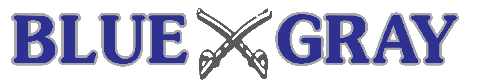 A blue and gray logo with a pair of scissors crossed over it.