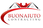 Buonauto Contracting logo with red roof and house graphic over red and gray text