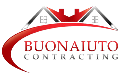 Buonauto Contracting logo with red roof and house graphic over red and gray text