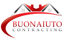 Buonauto Contracting logo with red roof and house graphic over red and gray text