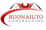 Buonauto Contracting logo with red roof and house graphic over red and gray text