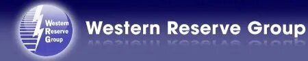 Logo for Western Reserve Group, featuring a blue circle with a lightning bolt and text.