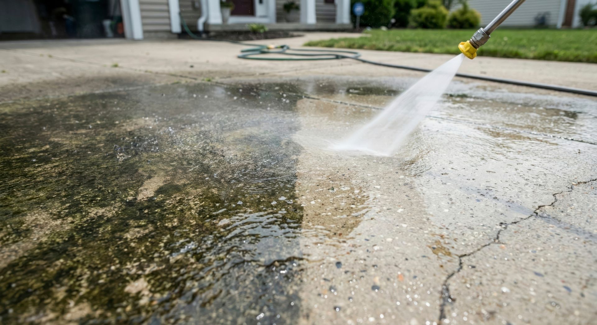 Pressure washing a cracked concrete driveway with water spraying across the surface