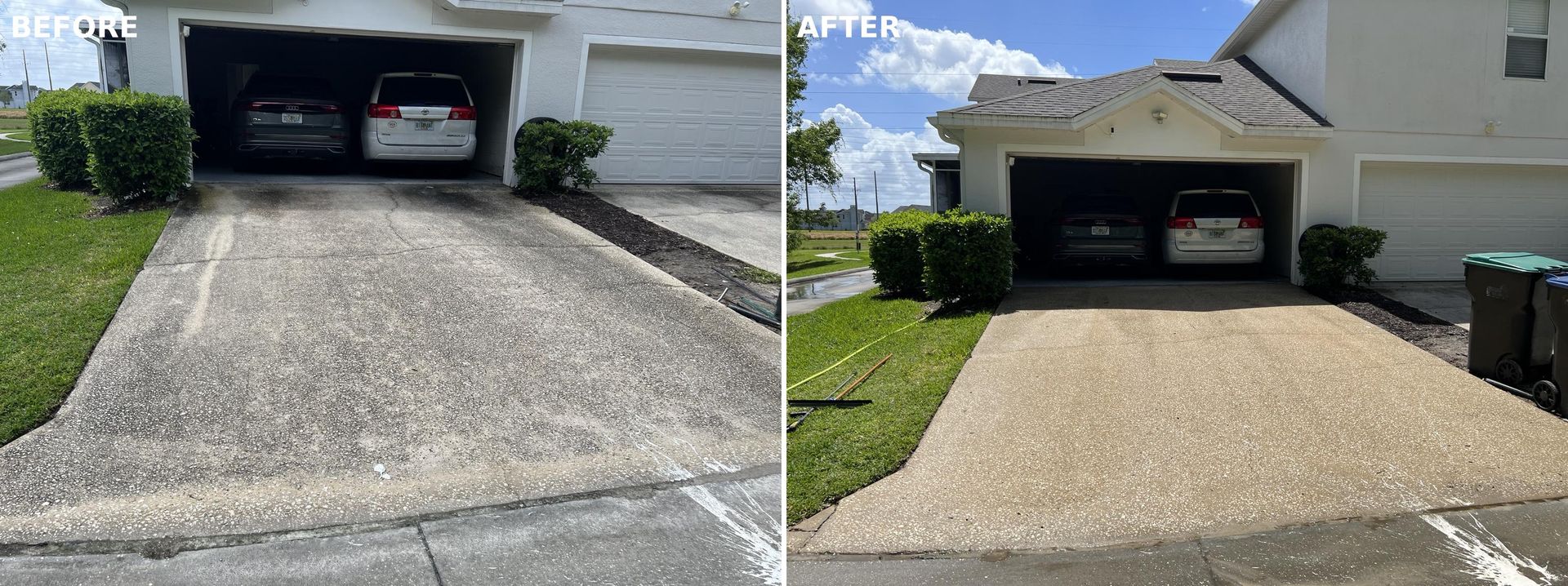 Split-view of a driveway before and after resurfacing, showing a darker, smoother finish beside the original concrete.