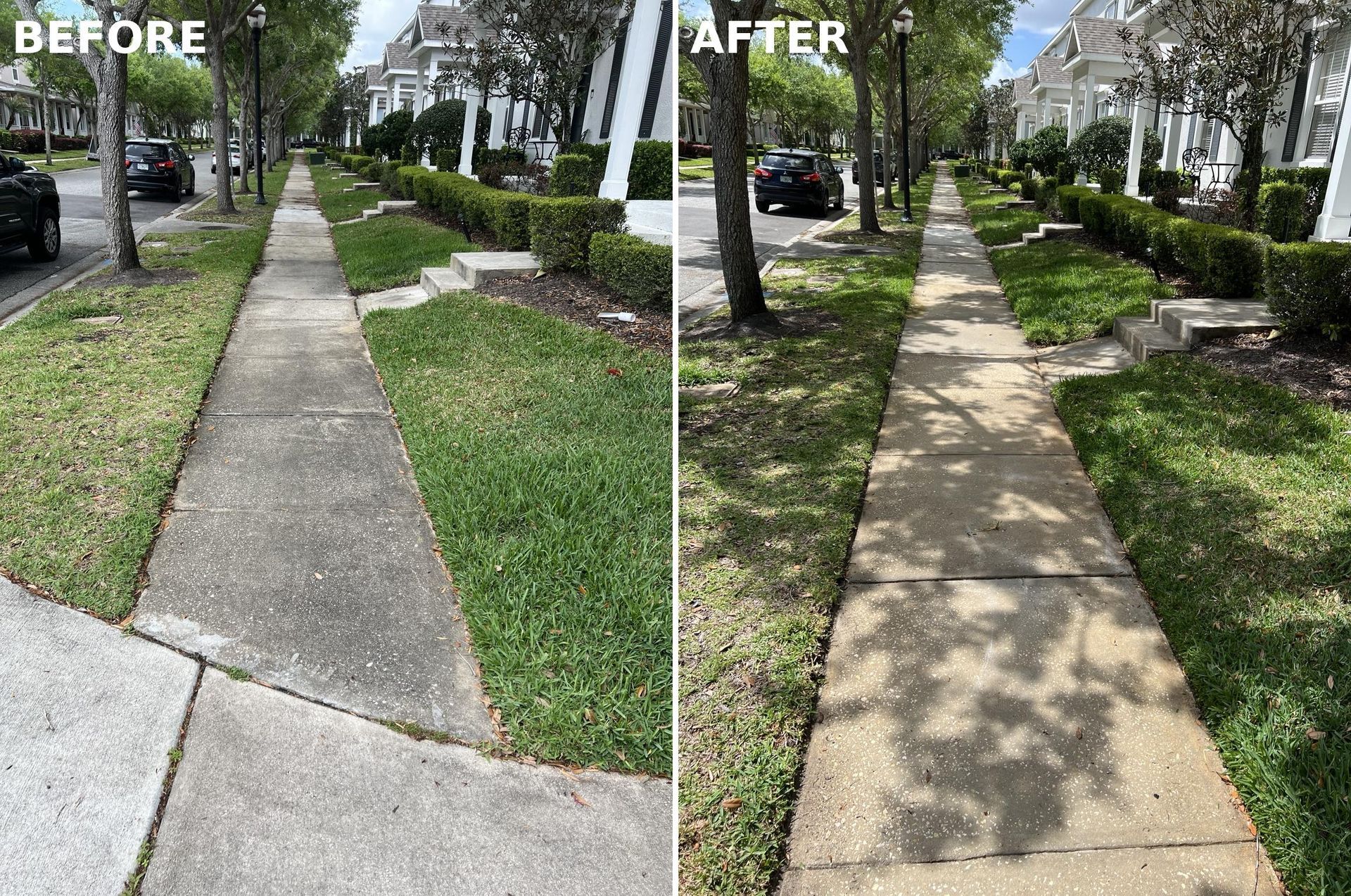 Before-and-after of a sidewalk repair, showing cracked concrete replaced with smooth tan pavement.