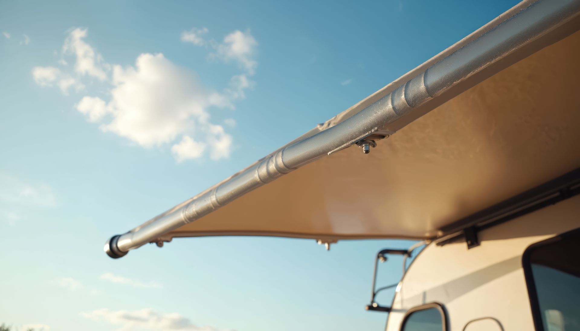 RV awning accessory extended on a camper, representing RV parts and accessories supply store products