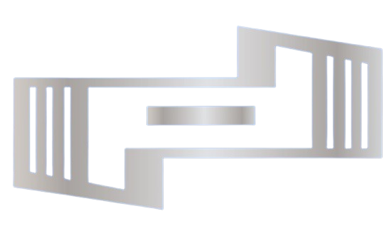 Un logo argenté sur fond blanc qui ressemble à un bâtiment.